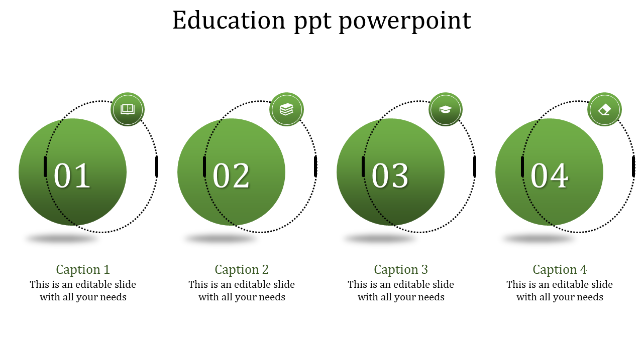 Education PowerPoint template featuring four green numbered circles with icons representing academic milestones and captions.