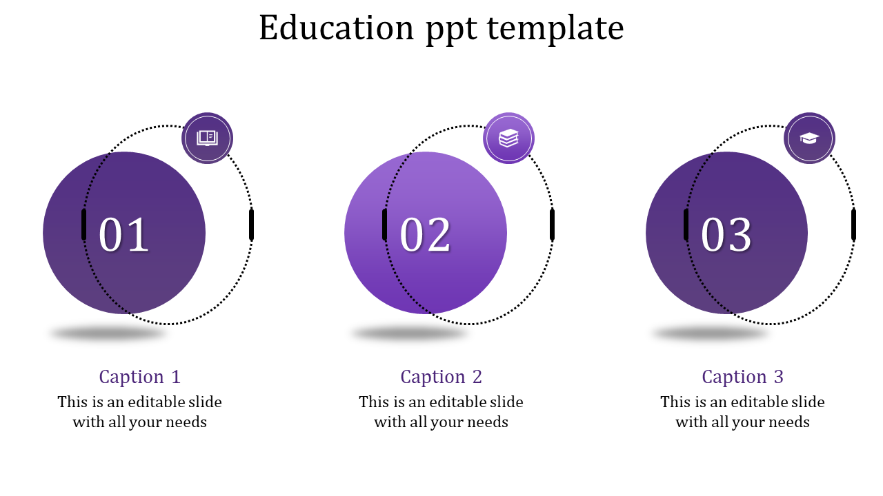 Purple themed education infographic with circles numbered 01 to 03, each paired with an icon and captions.