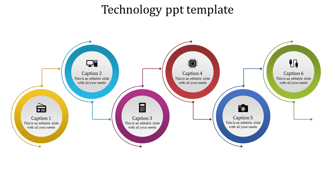 Technology template with six multicolored circles, each with icons and captions connected by thin lines.