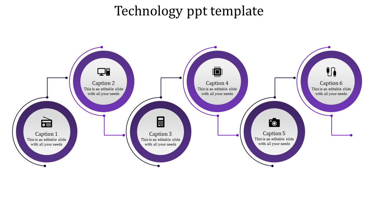 Six circular purple markers with icons inside, arranged in a flowing pattern across the slide on a white background.