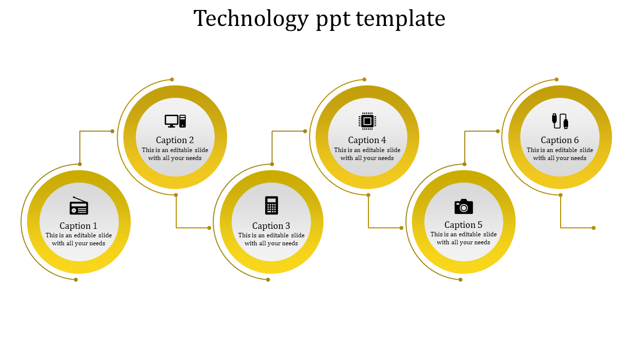 Technology slide with six circular yellow icons connected by lines, each containing captions and device symbols.