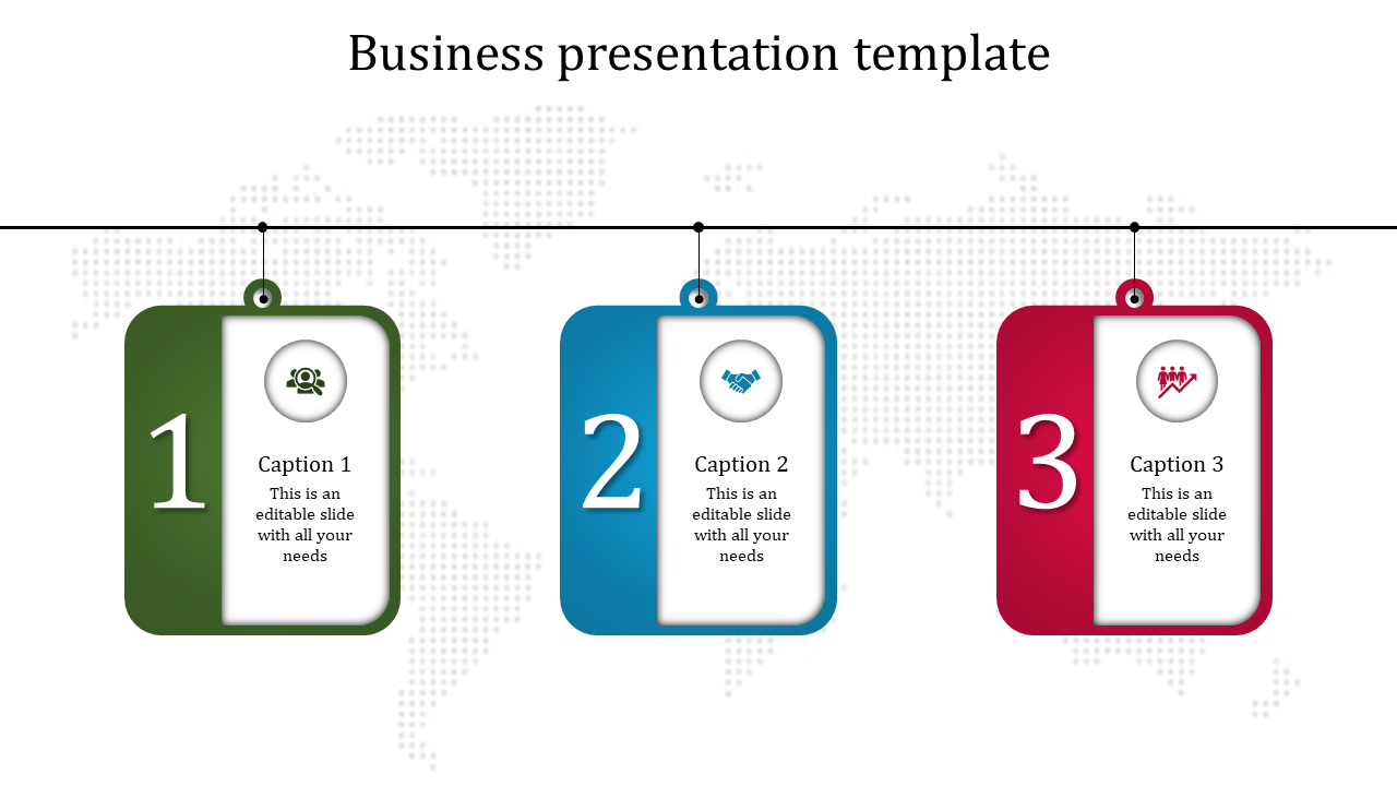 PowerPoint template for business presentations, featuring three cards in green, blue, and red, each with icons and titles.