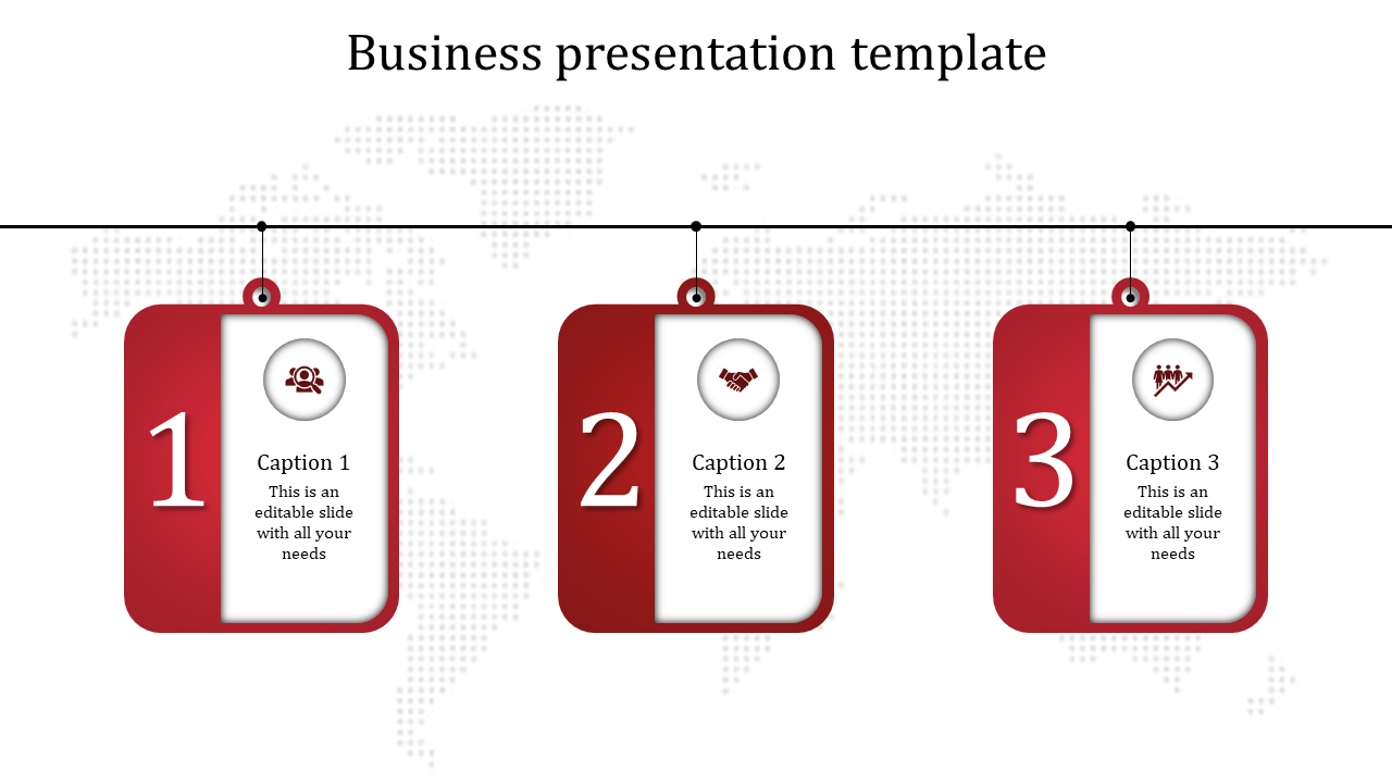 Business presentation slide with three red tags numbered 1, 2, and 3, each containing icons for different business concepts.