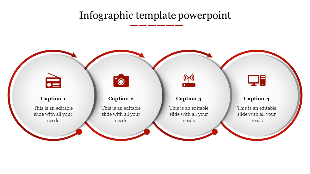 Infographic with four connected red outlined circles, featuring icons and captions in a horizontal flow.