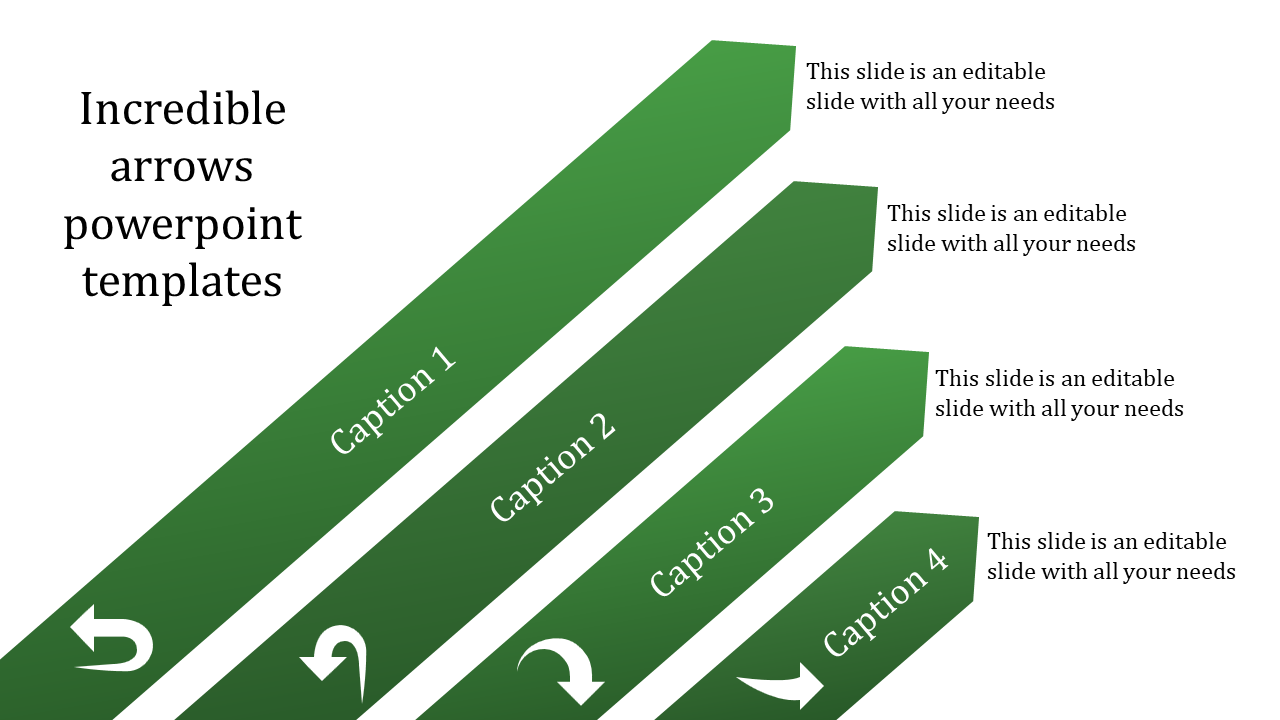 Four angled green arrows with gradient shades, arranged diagonally, pointing to corresponding text sections.