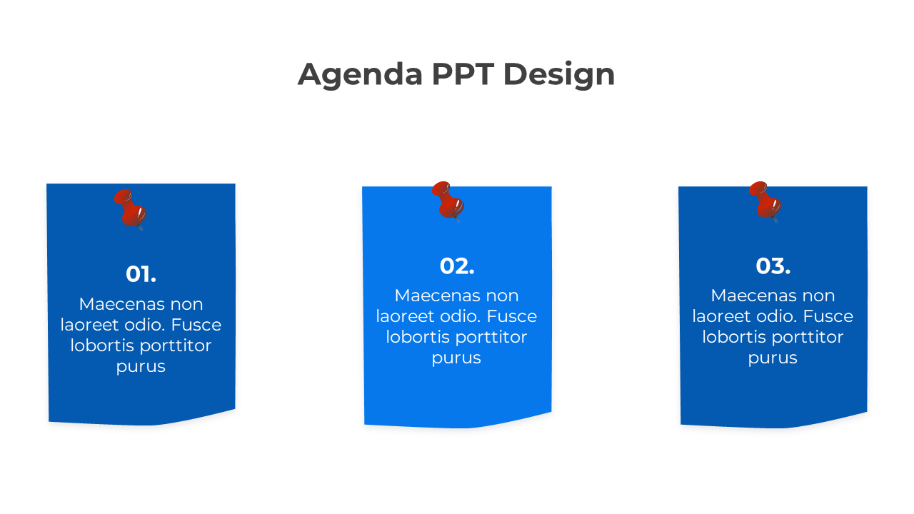 Agenda PowerPoint design featuring three blue pinned notes labeled 01, 02, and 03 with placeholder text beneath each number.