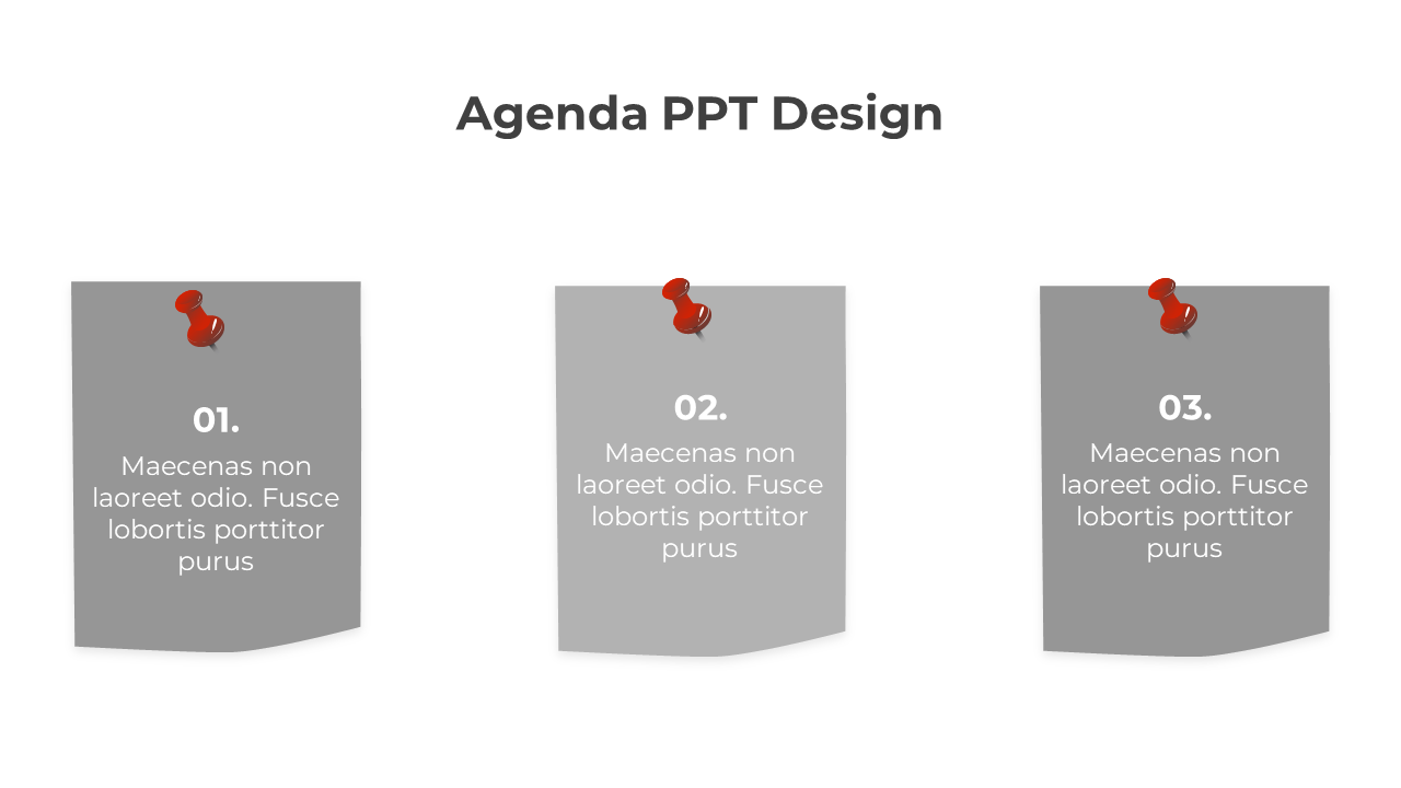 Agenda template displaying three gray pinned notes in a row, each showing a sequential number in a white backdrop.