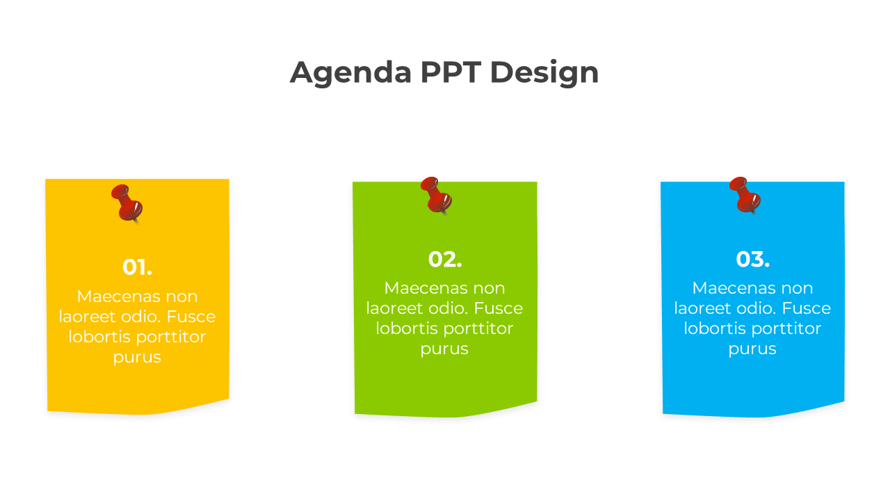 Horizontal layout with yellow, green, and blue cards pinned with red tacks, featuring agenda numbers and text.