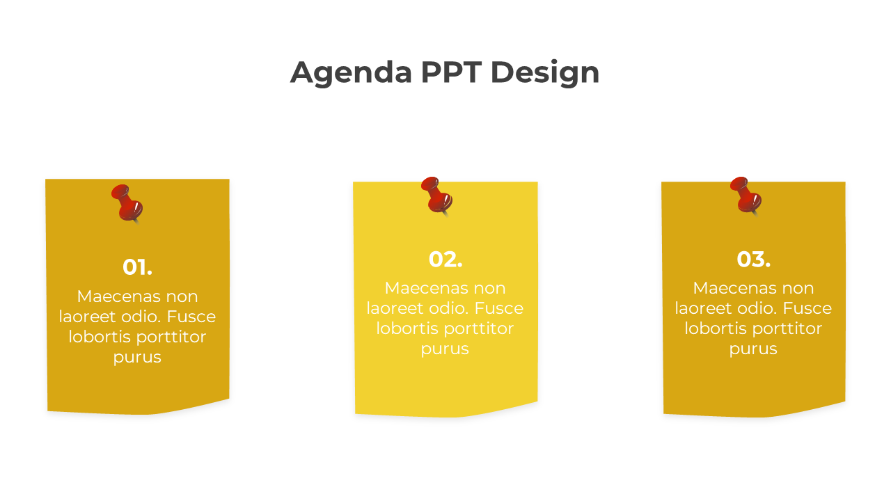 Agenda design with three yellow note cards pinned with red thumbtacks, numbered 01 to 03, aligned horizontally.