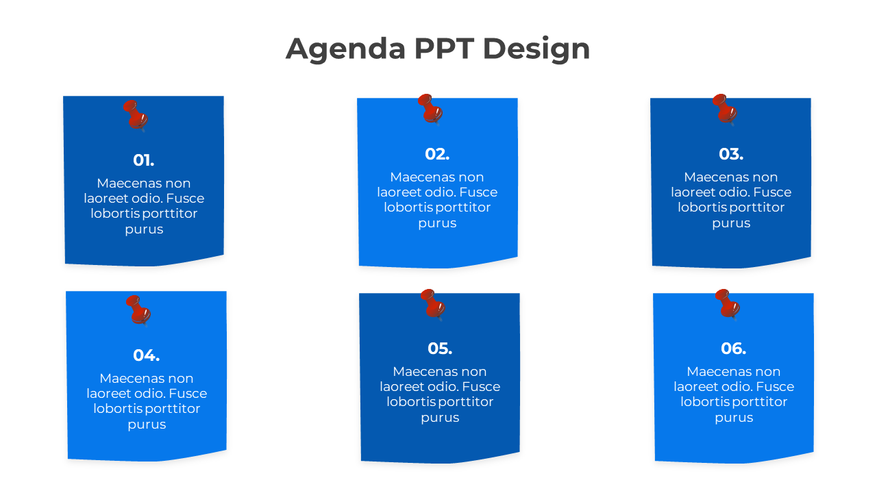 Agenda PowerPoint design with six blue pinned notes, each numbered from 01 to 06, displaying placeholder text.