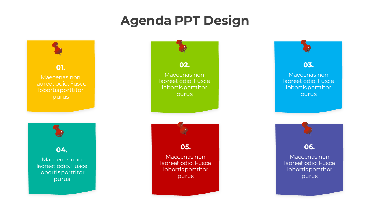 Agenda slide with six colorful pinned notes arranged in a 3x2 layout, each displaying a sequential number.