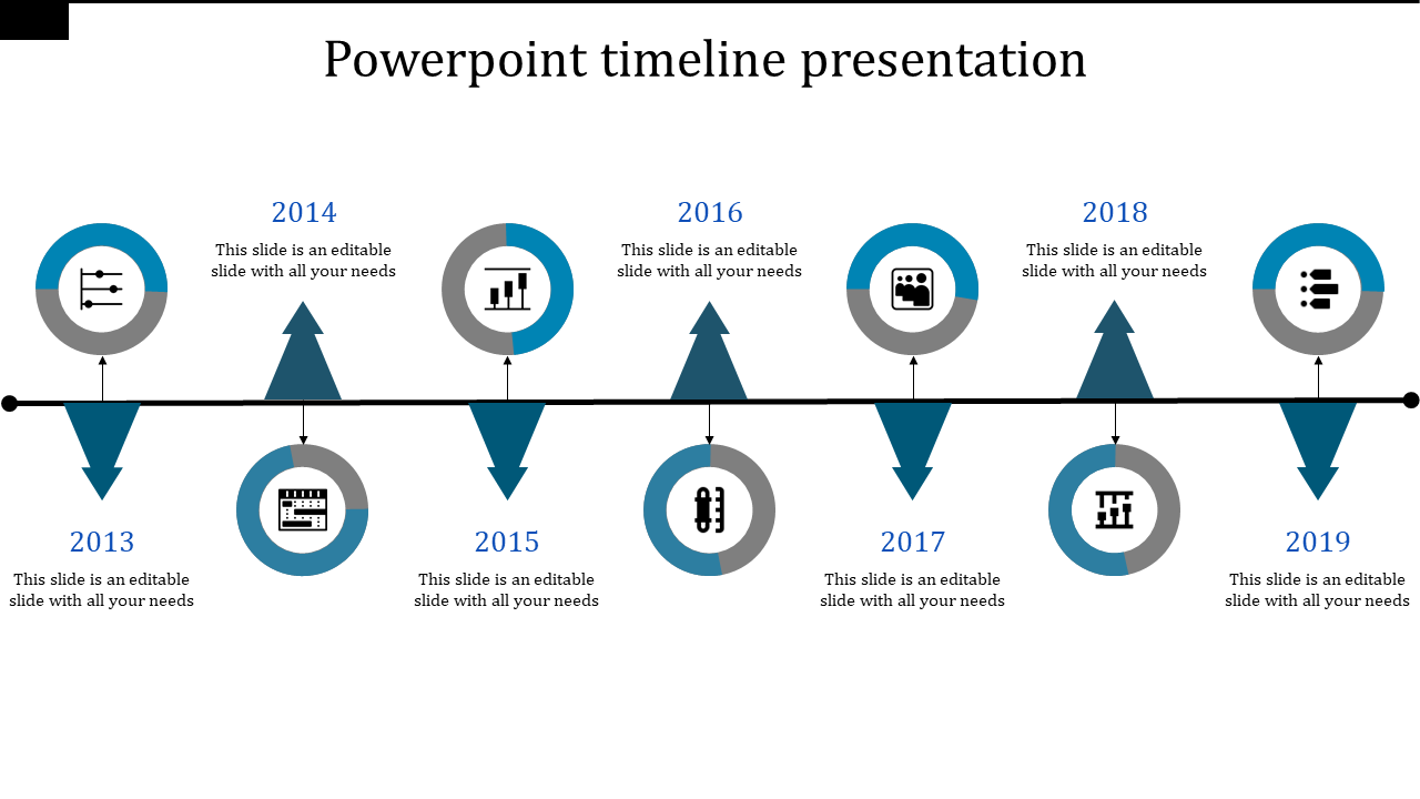 Timeline PPT template showing milestones from 2013 to 2019 with blue and gray icons for each year and placeholder text.