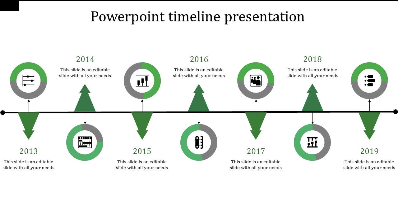 Green themed timeline with circular icons and arrows aligned along a black horizontal line for years 2013 to 2019.