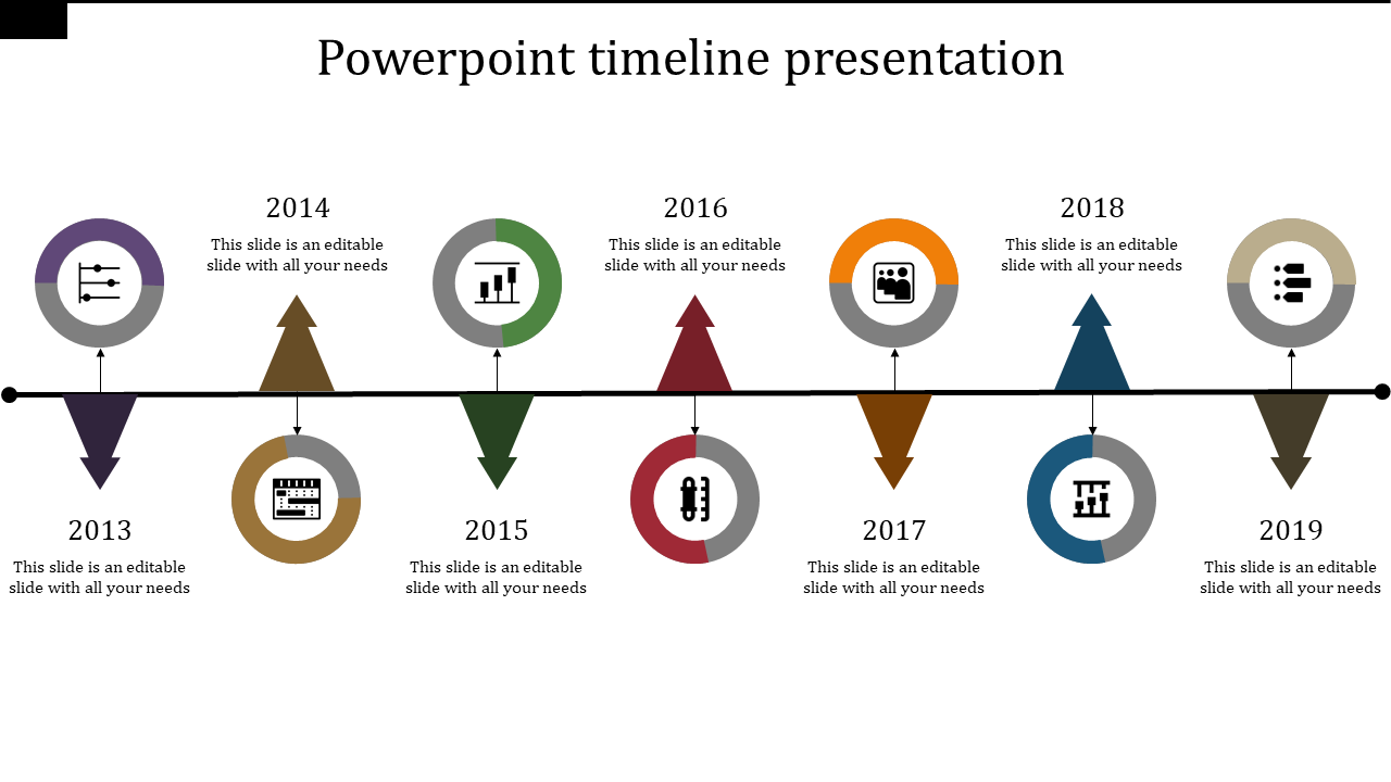 Timeline PPT template showing milestones for each year from 2013 to 2019 with corresponding icons and placeholder text.