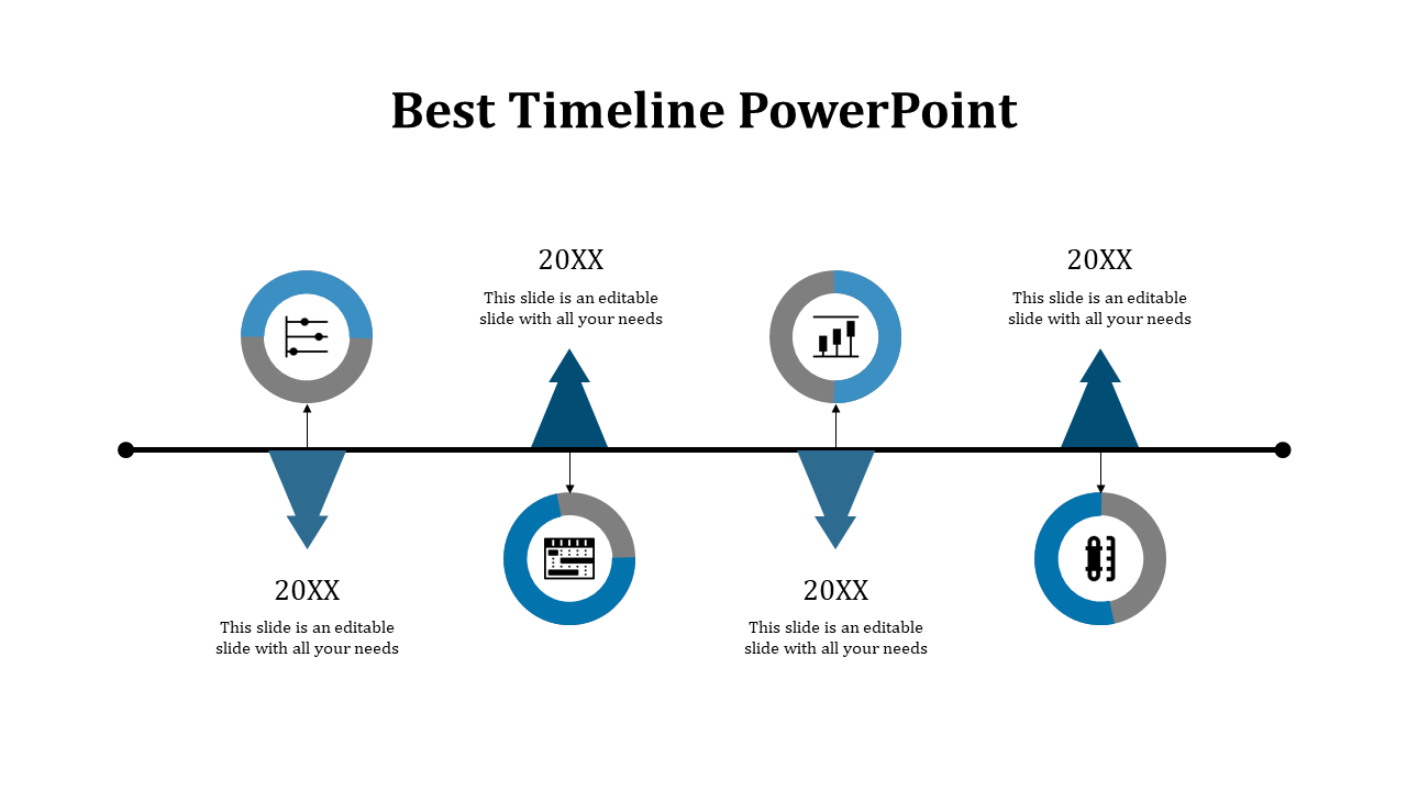 Best timeline PowerPoint template featuring a horizontal timeline with blue and gray markers and icons for sequential events.