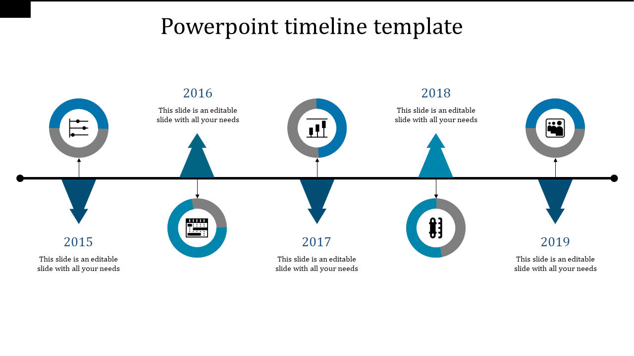 Timeline PPT template showing milestones from 2015 to 2019 with blue and gray icons for each year and placeholder text.