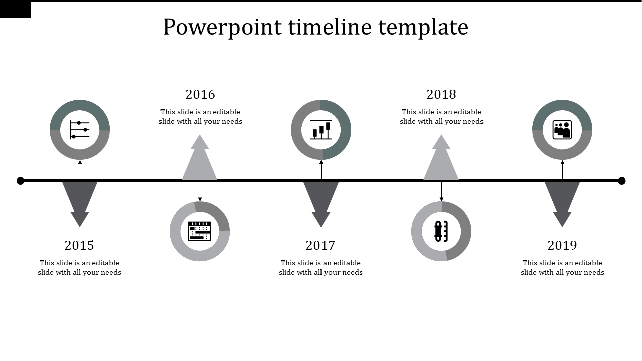 Monochrome timeline template displaying milestones from 2015 to 2019 with icons and caption areas.