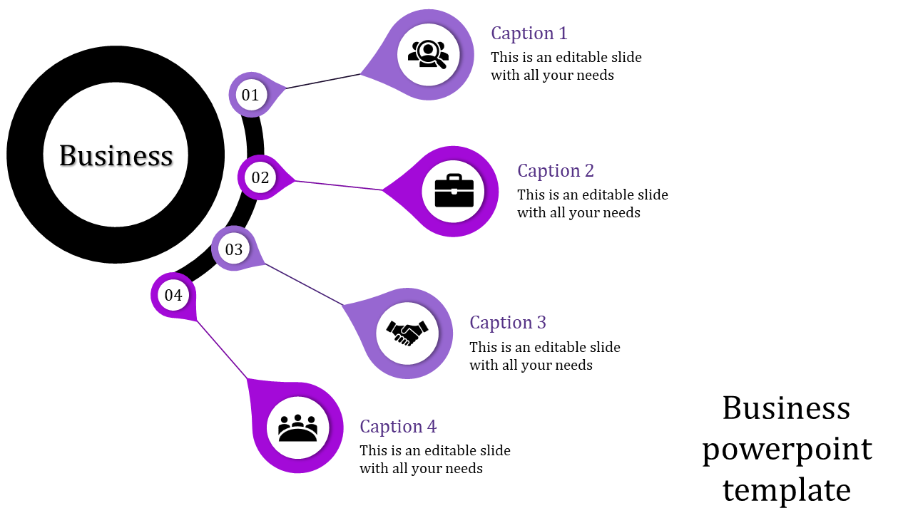 Business slide with an icon in a black circle and four purple connected steps with icons and captions.