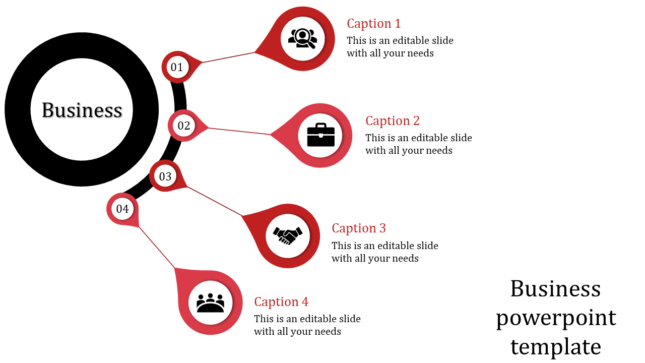 Business PPT template with four sections connected by lines, featuring icons for people, briefcase, handshake, and group.