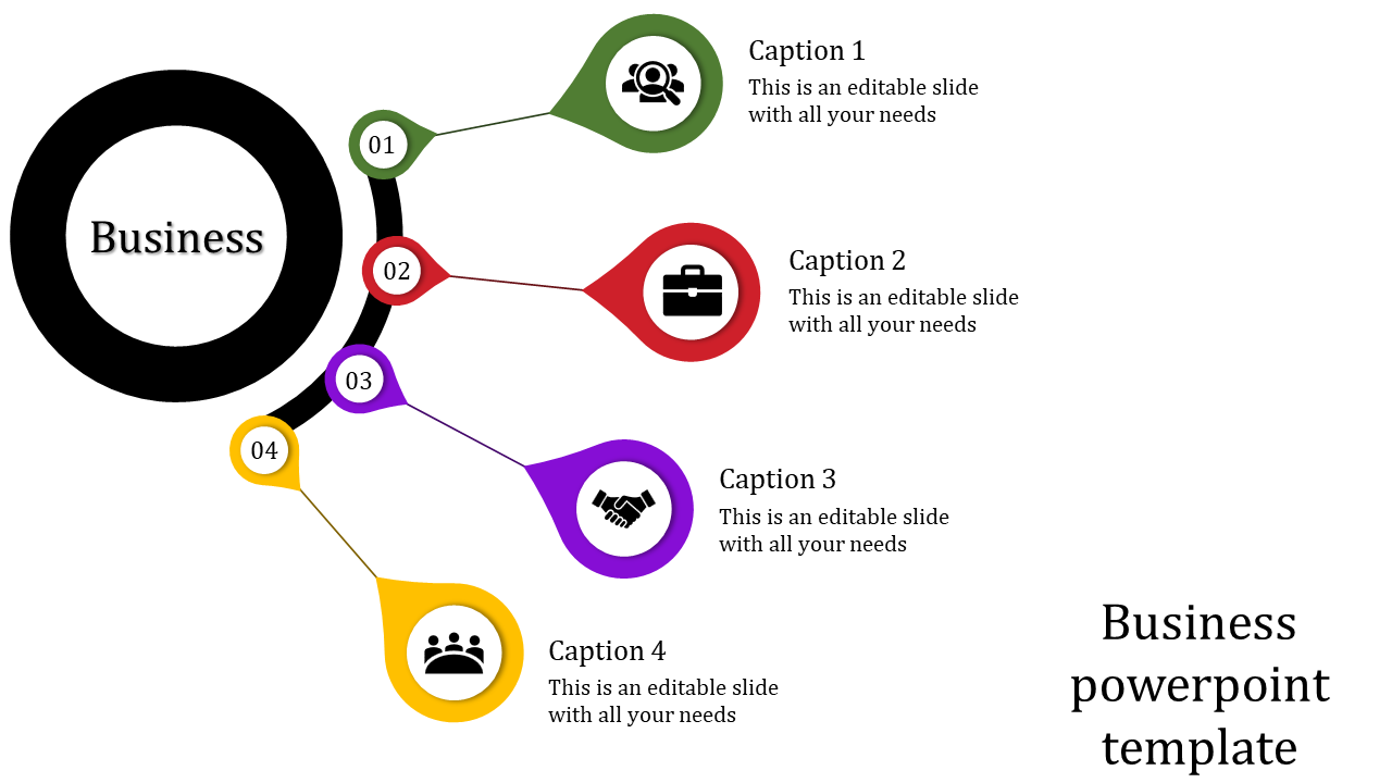 Business PowerPoint template with a circular hub labeled connected to four color coded icons and captions.