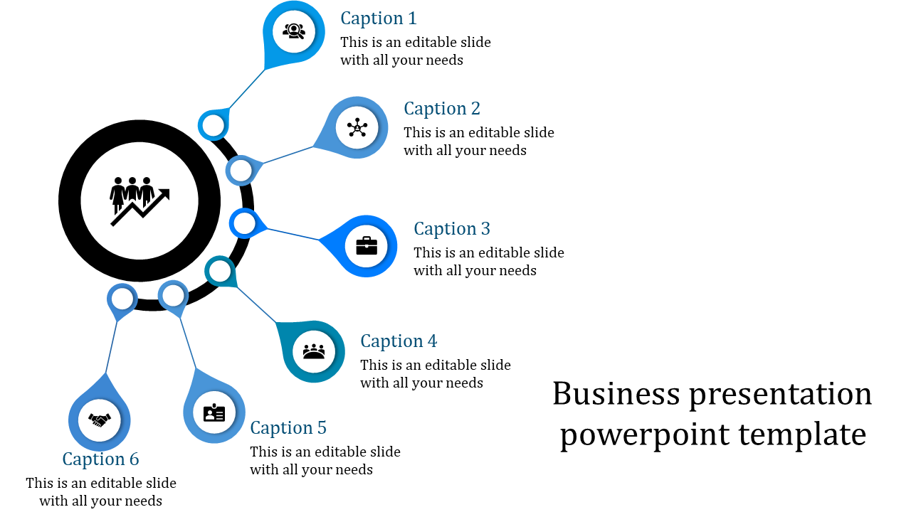 A business PowerPoint slide showing six sections, each with an icon and a number, representing key business concepts.