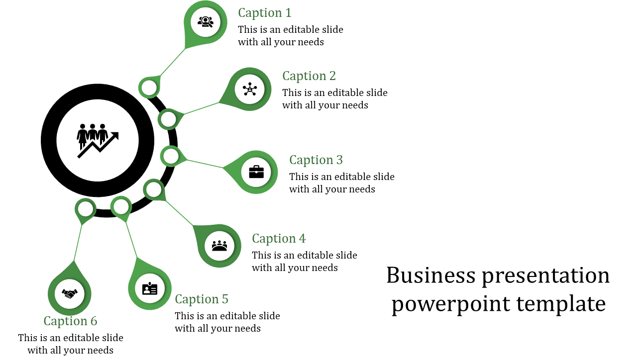 Infographic design with a black circle and six green nodes connected by lines, each labeled with captions.