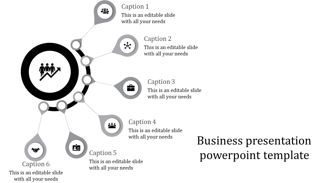 Business PPT slide with six sections, each represented by icons for people, growth, work, and teamwork with captions.