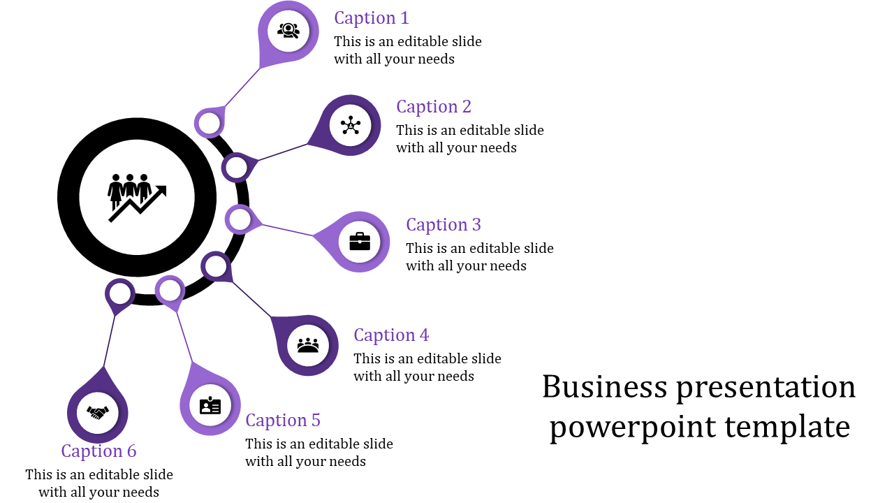 Circular diagram featuring six purple steps branching out from a black circle, each with icons and captions.