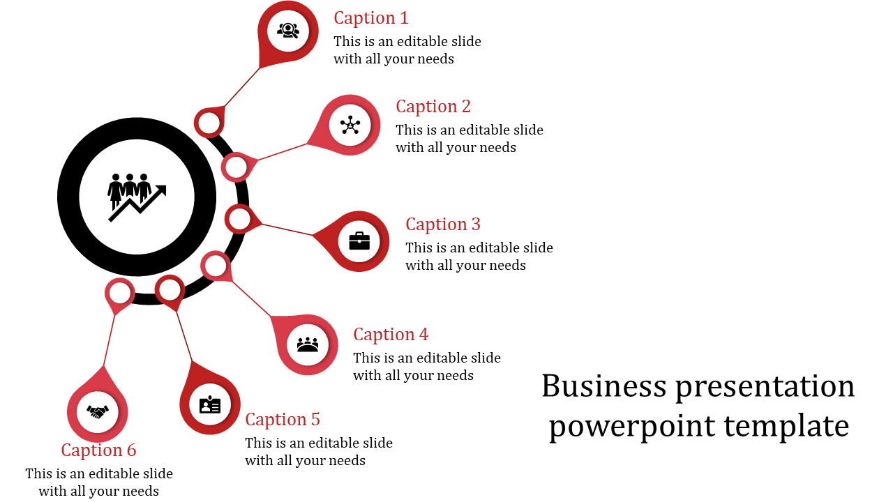 Business PPT slide with six sections, each represented by red icons for people, growth, work, and teamwork with captions.