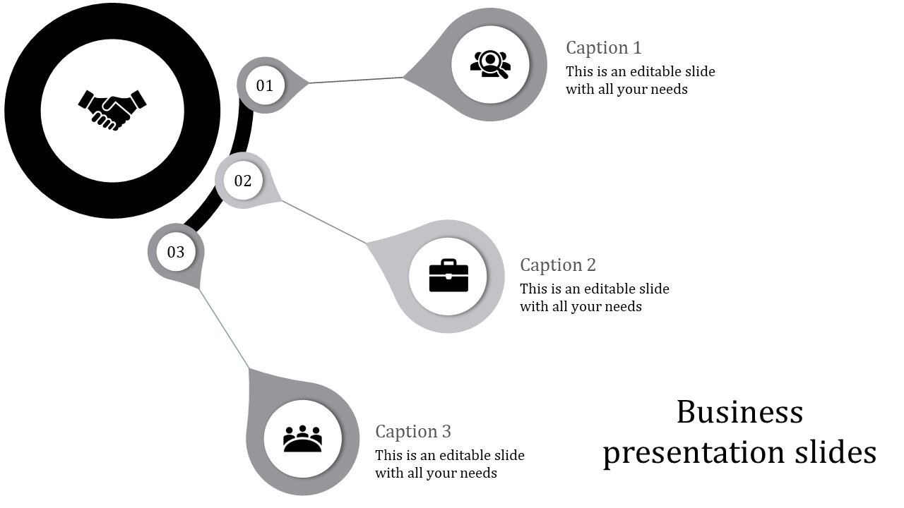 Business infographic with a black circle paired with three gray nodes connected by lines, each with icons and captions.