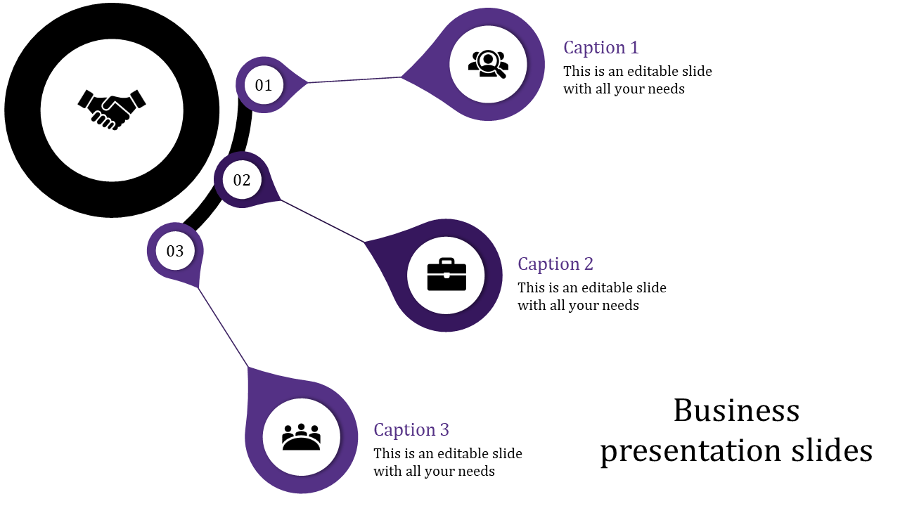 Business PPT slide with three sections connected by purple lines, featuring icons from collaboration to teamwork.