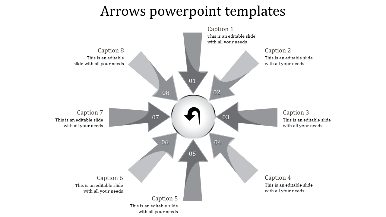 Arrows PowerPoint template with eight numbered sections, each connected by arrows and featuring captions.