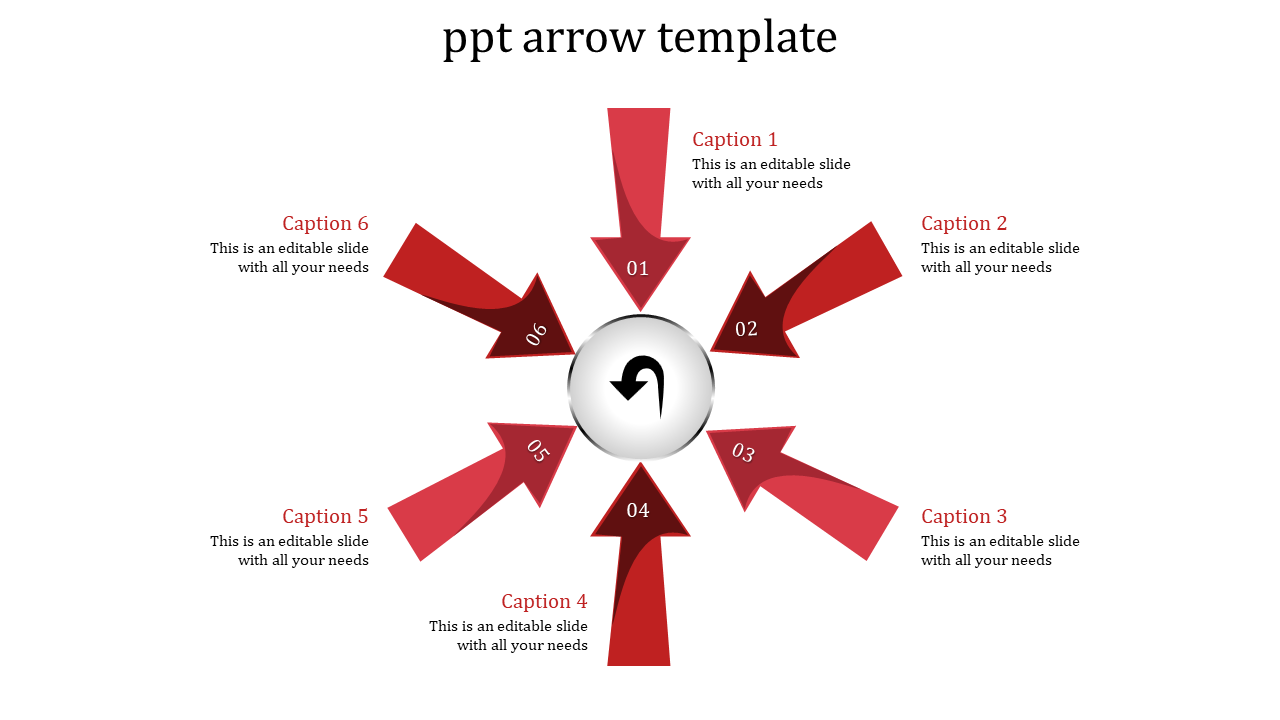 A PowerPoint template featuring red arrows arranged in a circular pattern with captions.