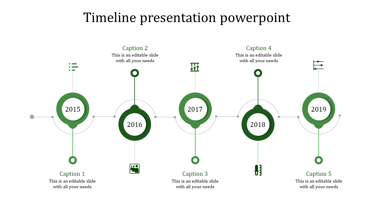 A timeline PowerPoint template with key years on a green circle 2015, 2016, 2017, 2018, and 2019, with captions and icons.