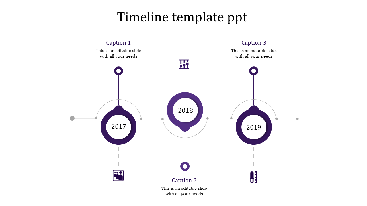 Horizontal timeline with three circular purple markers for 2017 to 2019, connected by thin lines on a white background.