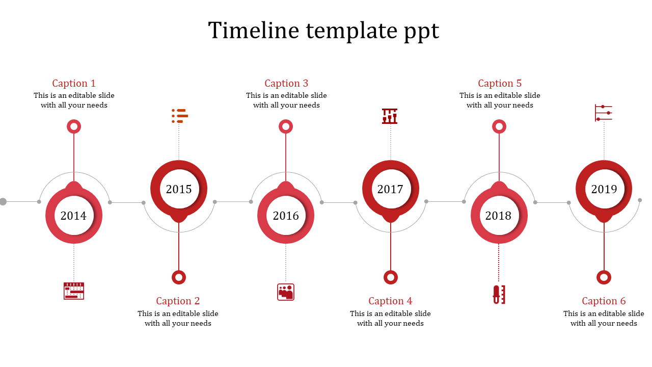 Red themed timeline template showcasing years 2014 to 2019 with circular indicators and captions above and below.