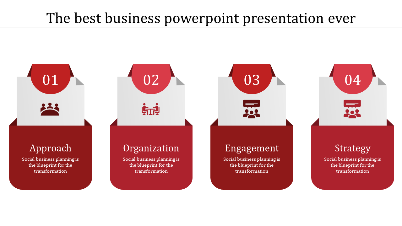 Visual representation of a business presentation slide with four elements each highlighted in red descriptions below.