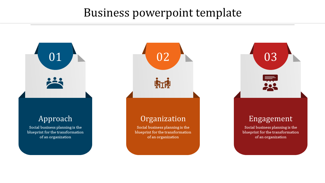 Three vertical blocks in blue, orange, and red, each labeled with numbers 01 to 03, representing business planning steps.