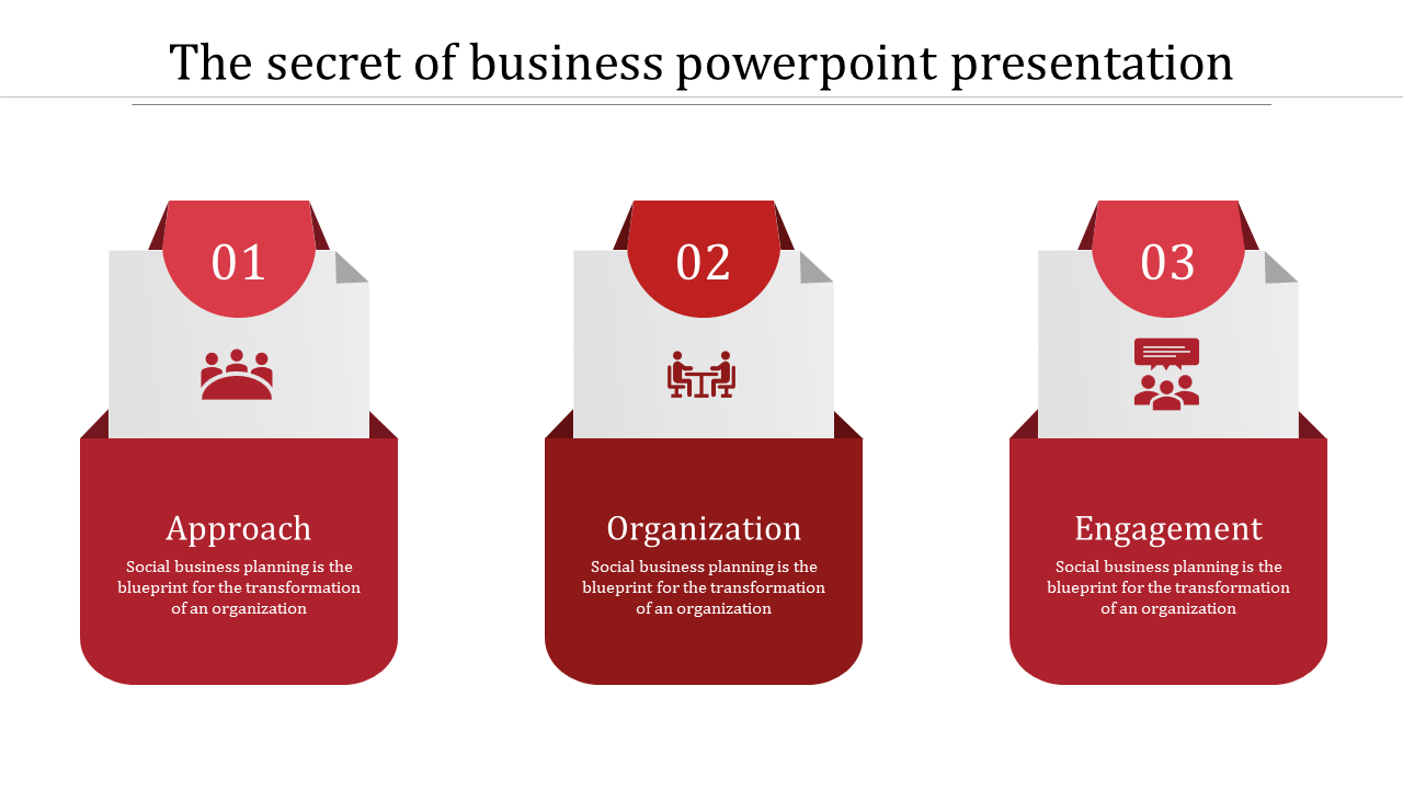 Three red and white numbered sections with icons for approach, organization, and engagement in a business layout.