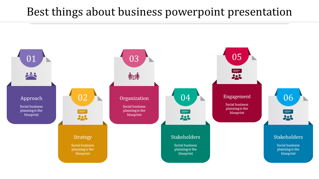 Colorful business PowerPoint slide featuring colored icons from approach to stakeholders with descriptions.