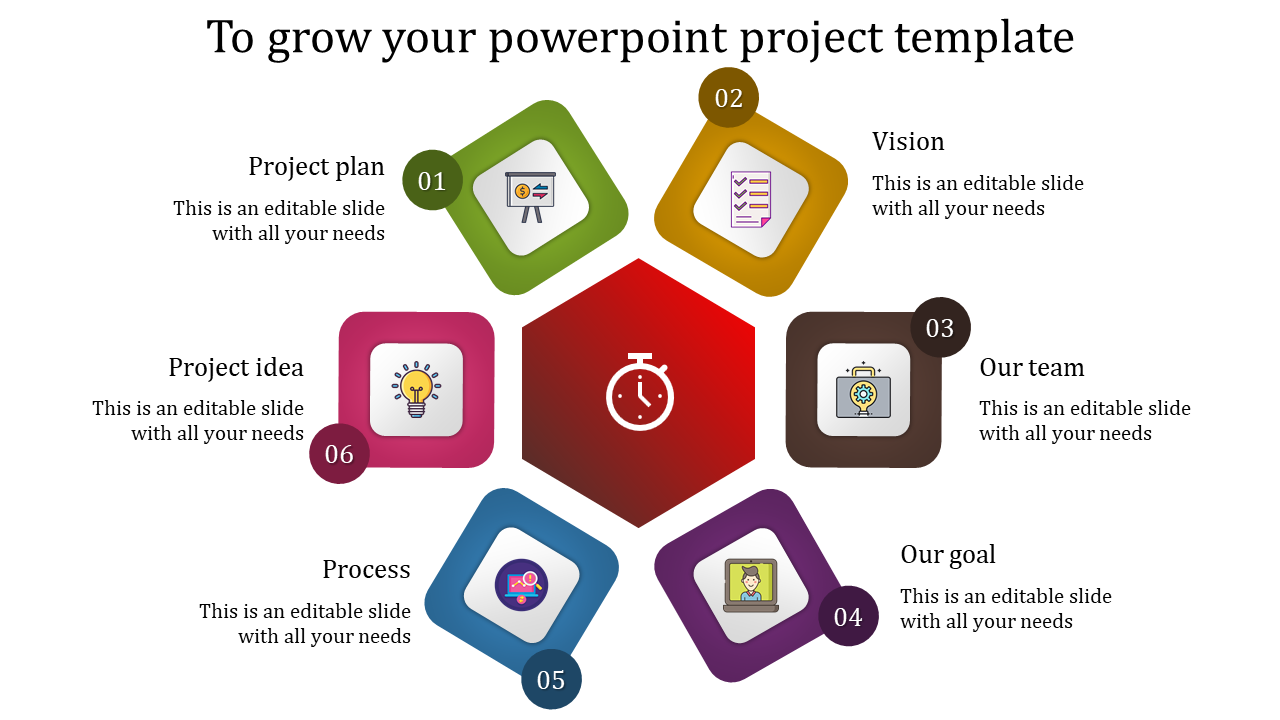 Hexagonal infographic showing six project elements, including project plan, vision, and goal, around a central clock icon.