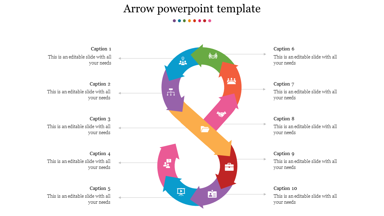 A colorful arrow diagram with ten sections, each containing a caption and icon with placeholder text.