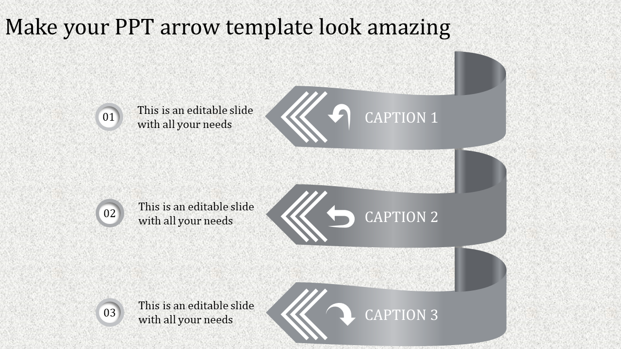 Professional gray PowerPoint slide with three arrows and captions for steps with placeholder text.