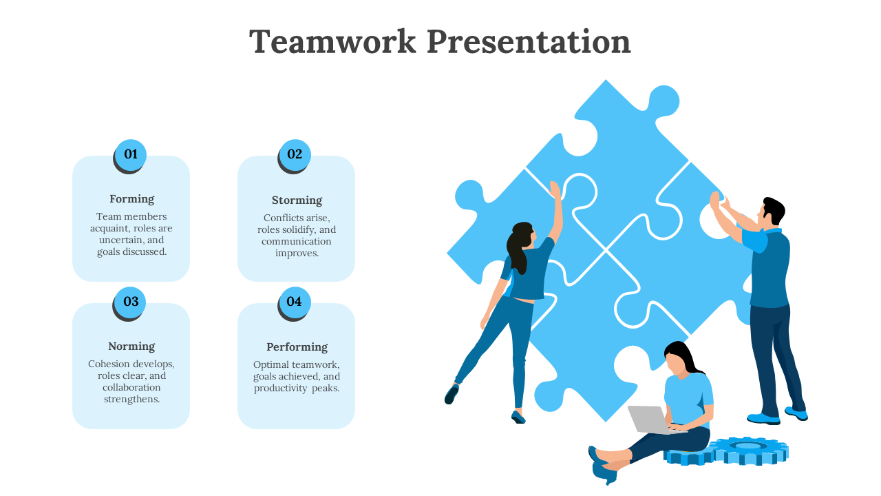 Blue themed teamwork slide illustrating stages of forming, storming, norming, and performing with visual teamwork graphics.