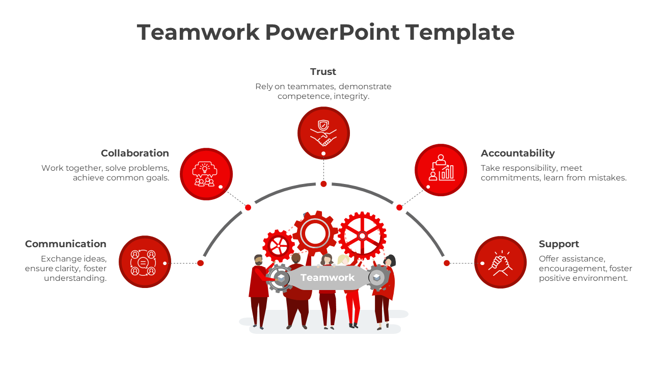 Red themed teamwork template with five labeled icons around an arch and a group of people holding gears and a banner.