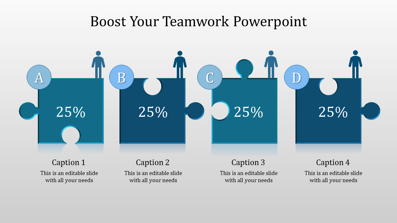 Teamwork PPT slide with four blue puzzle pieces each showing 25 percent and a person icon standing on top of each piece.