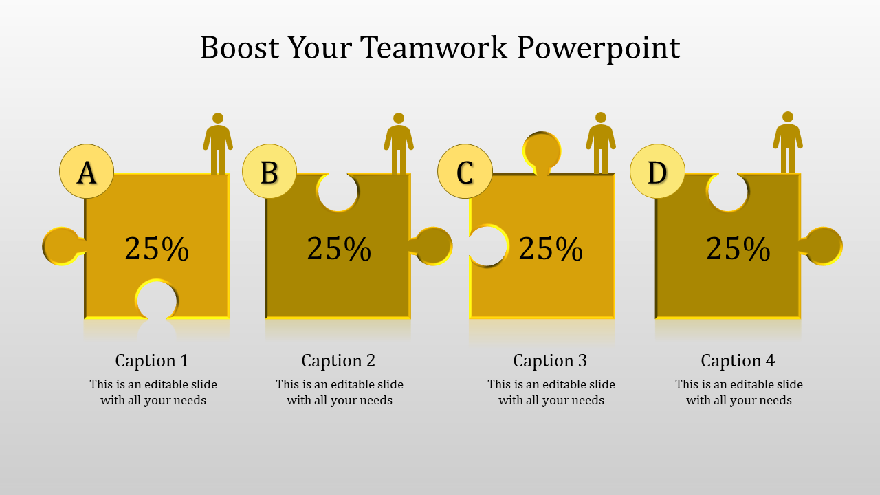 Teamwork Presentation PPT Slides With 4 Node Yellow Puzzle