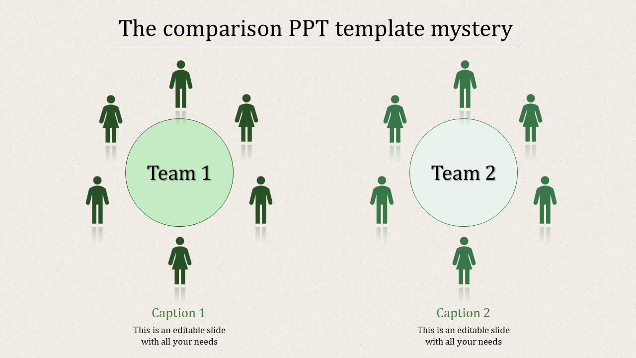 Comparison PPT slide showing team 1 and team 2 with surrounding icons and captions.