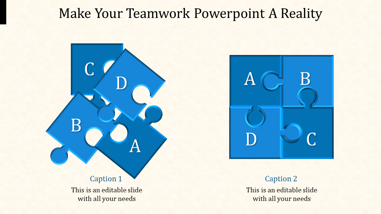 Teamwork PPT slide showing two blue puzzle pieces with labeled sections, symbolizing collaboration and unity in teamwork.