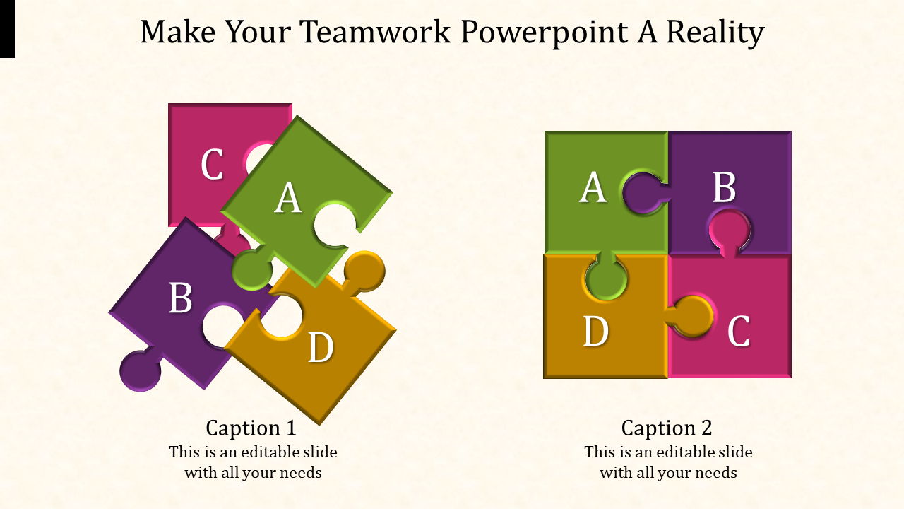 Slide features skewed puzzle pieces, and right layout shows a connected square puzzle in green, purple, pink, and yellow.